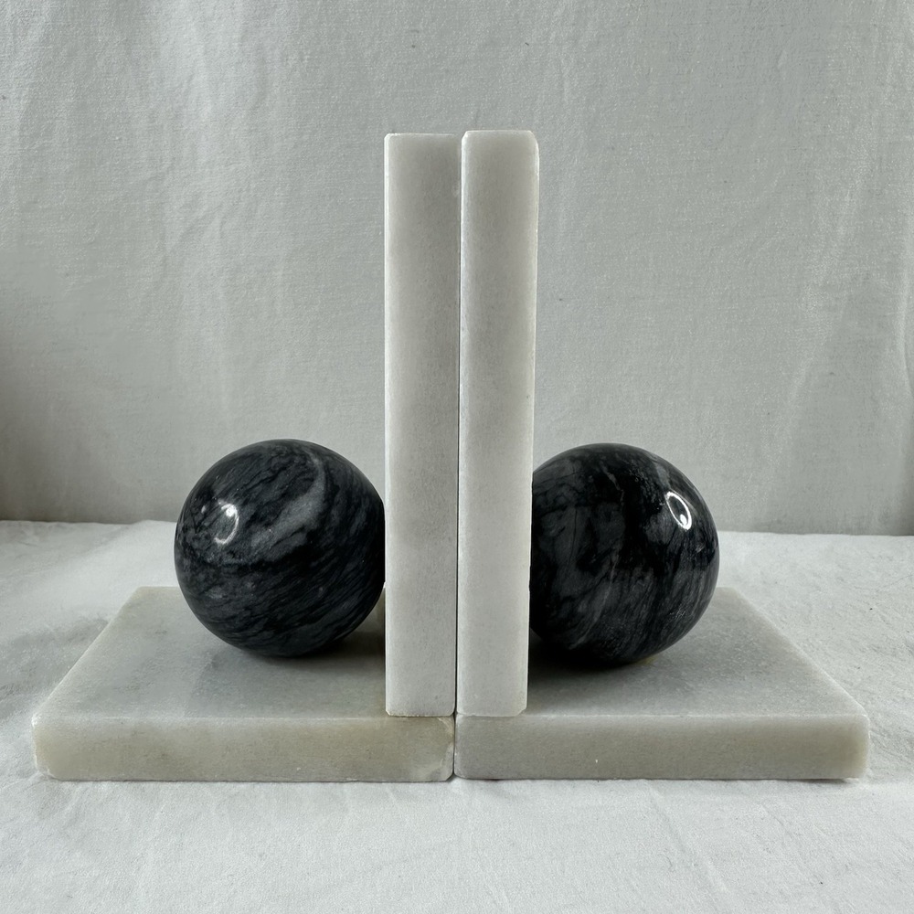 Vintage Marble Bookends with Ball Black and White Handmade Heavy MCM Sphere Orb